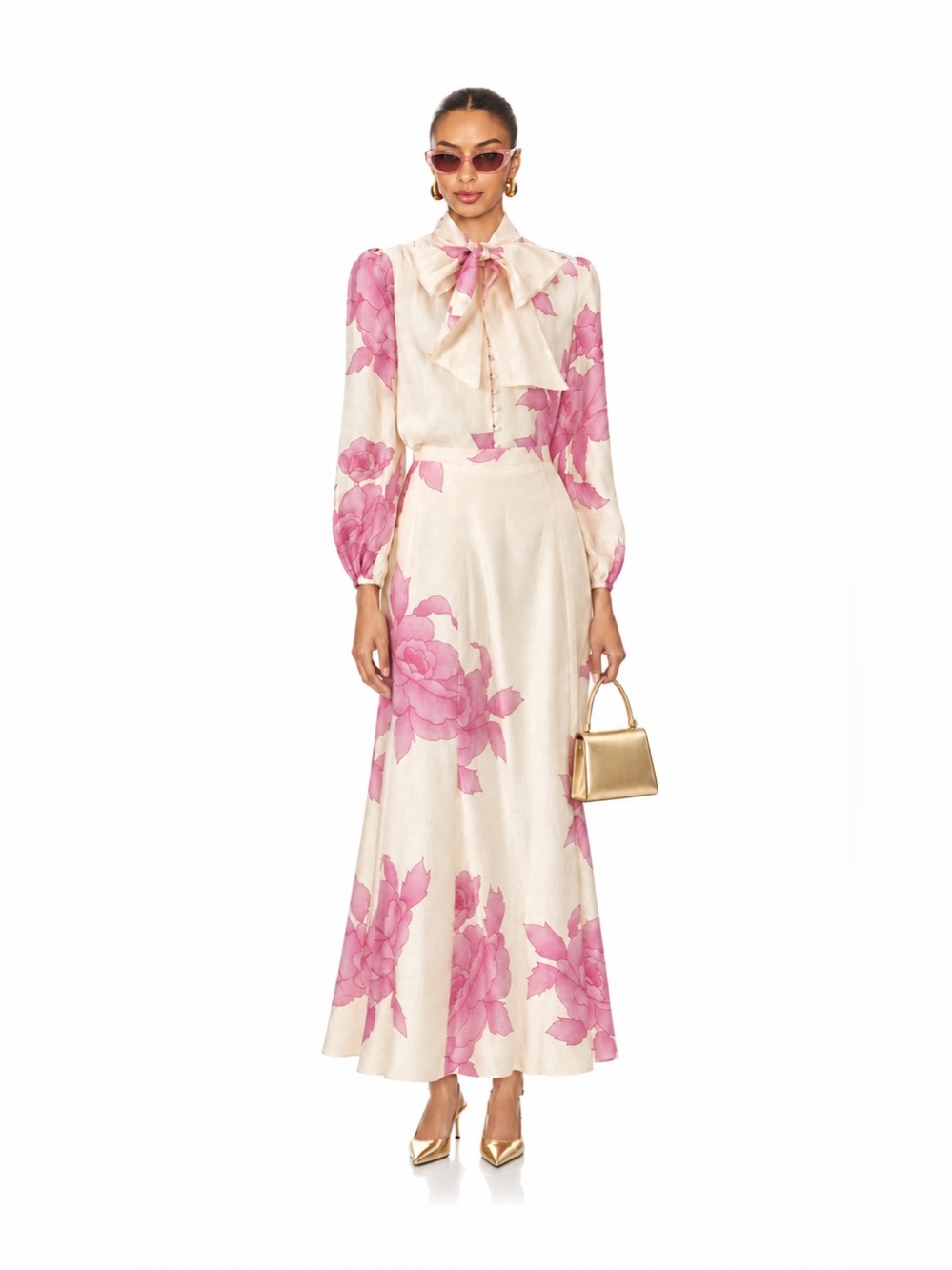ELLIATT Rova Cream Pink Floral Bow Top & Maxi Skirt Set